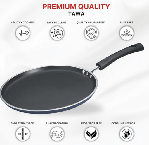 Vinod Zest Aluminium Non Stick Dosa Omni Tawa - 28cm | 3mm Extra Thick | 3 Layer Ceramic Coat | Bakelite Handle | Toxin Free | Gas Base - 1 Year Warranty - Image 2
